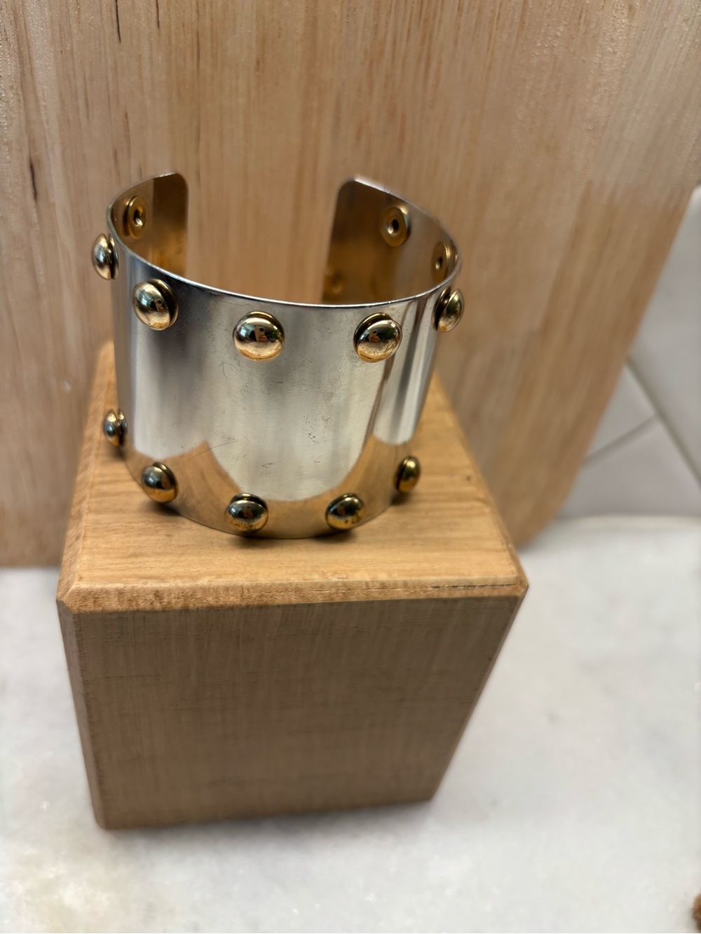 Studded Two-Tone Metal Cuff Bracelet - Silver & Gold